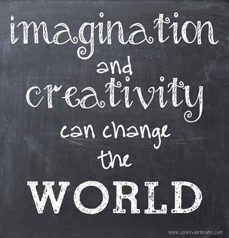 blackboard drawing that says  imagination and creativity can change the WORLD